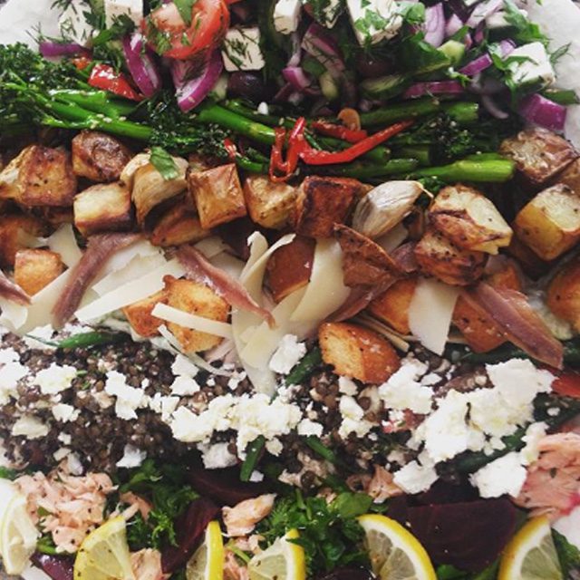 Char-grilled broccoli, roasted cubes of celeriac, puy lentils and feta cheese, and smoked trout with samphire salads that leads to our web-for contact page