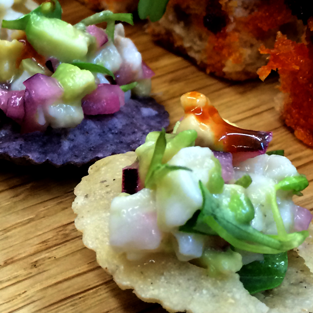 Appetising canapés for your event, pre-dinner treats to keep the party jumping. Colourful tiny blue corn tostada with local bass ceviche & hot sauce delights the eye as much as your taste-buds. Elegant canapé receptions for your wedding or Champagne party.