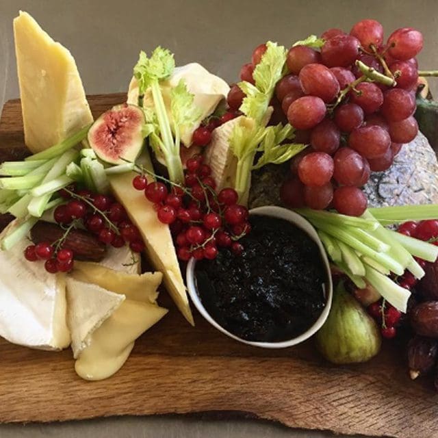 Cheese board – cheeses of your choice (Sussex or European) served with dates, figs, chutneys, grapes, celery, crackers & crusty breads. Sussex wedding caterer