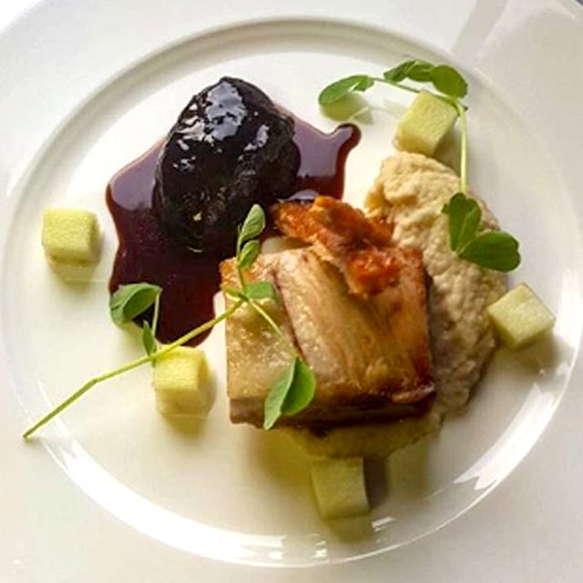 Sussex Wedding Caterer for formal wedding breakfasts, Weddings Receptions or private parties and celebrations.  Pork belly & cheek fennel & tarragon slaw with pickled apple, sticky sweet potato & crackling smoked aubergine