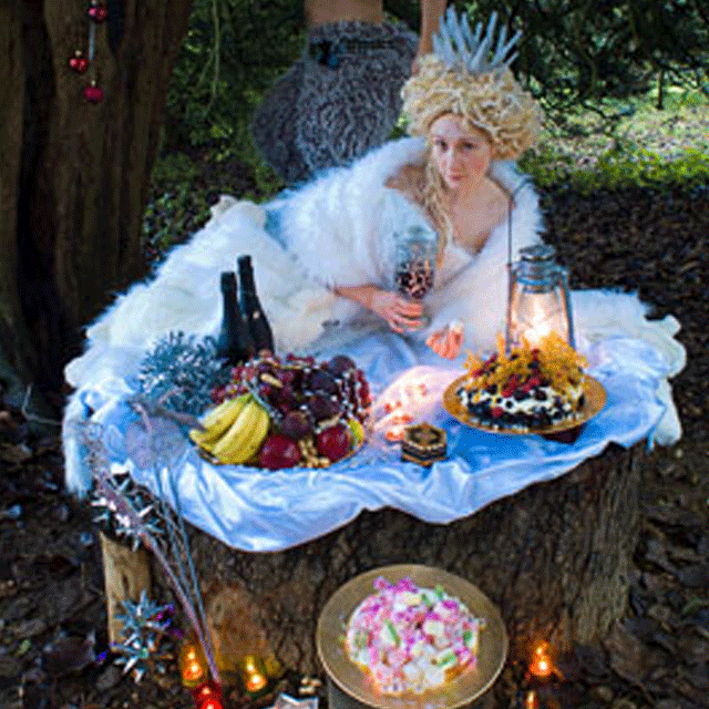 A lavish fantasy picnic with the snow queen offering delights leading to our web-form contact page